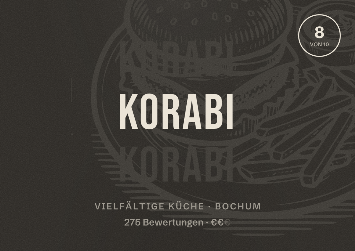 Illustriertes Poster von Korabi, Vielfältige Küche in Bochum: Bewertung 8 von 10 aus 275 Bewertungen, Preisniveau €€