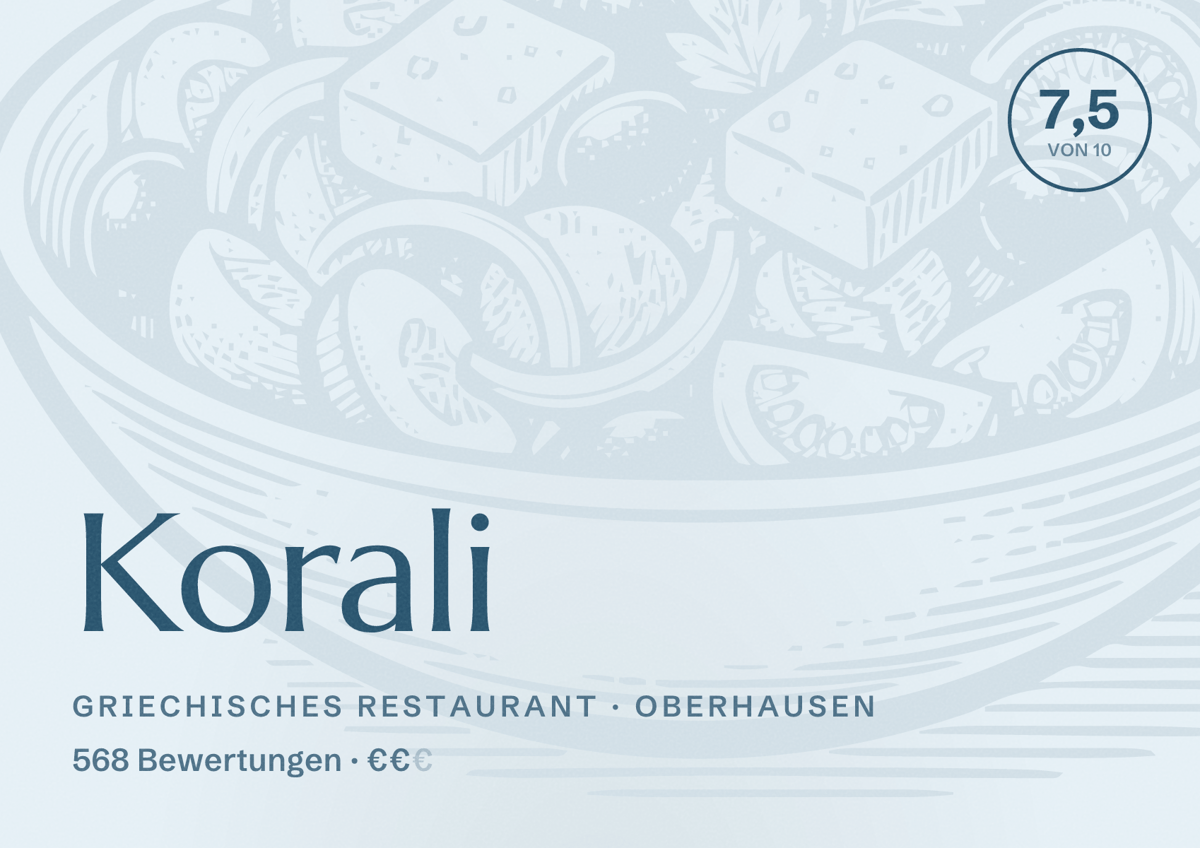 Illustriertes Poster von Korali, Griechisches Restaurant in Oberhausen: Bewertung 7,5 von 10 aus 568 Bewertungen, Preisniveau €€