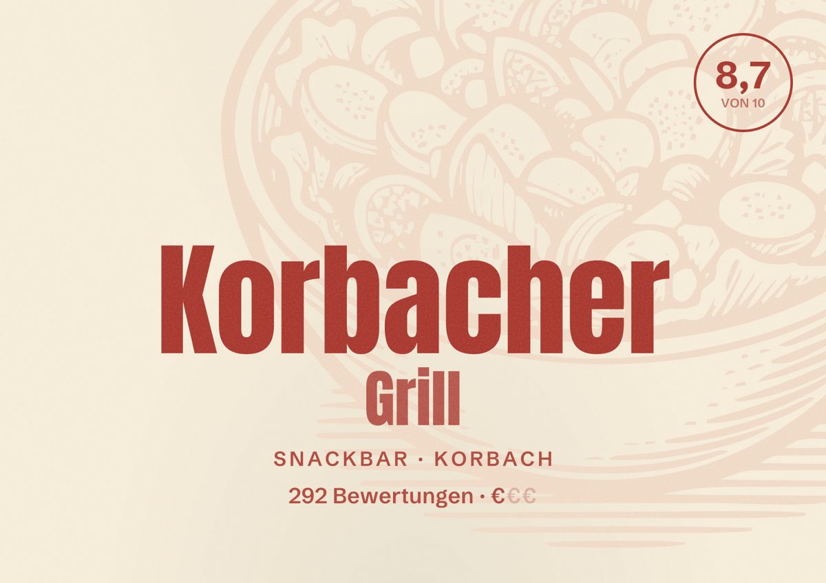 Illustriertes Poster von Korbacher Grill, Snackbar in Korbach: Bewertung 8,7 von 10 aus 292 Bewertungen, Preisniveau €