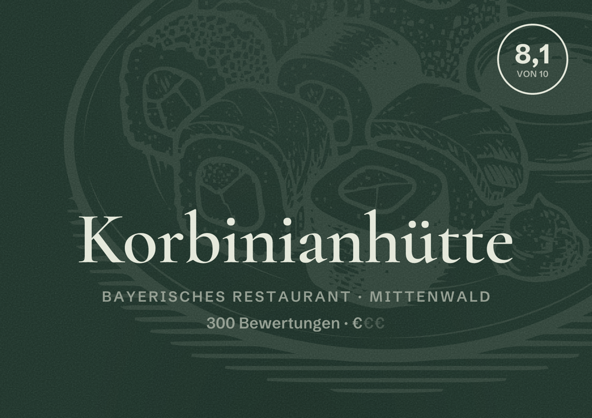 Illustriertes Poster von Korbinianhütte, Bayerisches Restaurant in Mittenwald: Bewertung 8,1 von 10 aus 300 Bewertungen, Preisniveau €