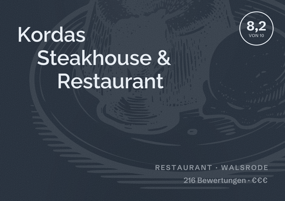 Illustriertes Poster von Kordas Steakhouse & Restaurant, Restaurant in Walsrode: Bewertung 8,2 von 10 aus 216 Bewertungen, Preisniveau €€€