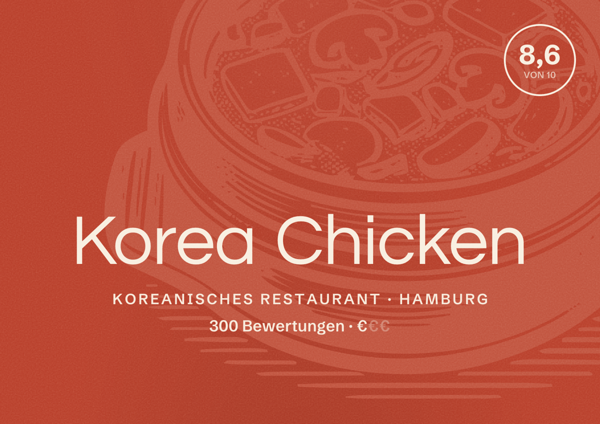 Illustriertes Poster von Korea Chicken, Koreanisches Restaurant in Hamburg: Bewertung 8,6 von 10 aus 300 Bewertungen, Preisniveau €