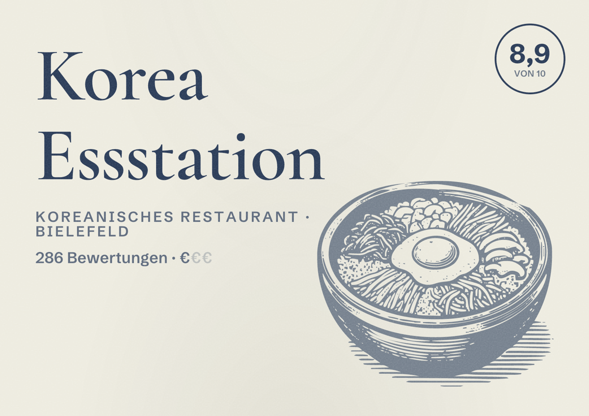 Illustriertes Poster von Korea Essstation, Koreanisches Restaurant in Bielefeld: Bewertung 8,9 von 10 aus 286 Bewertungen, Preisniveau €
