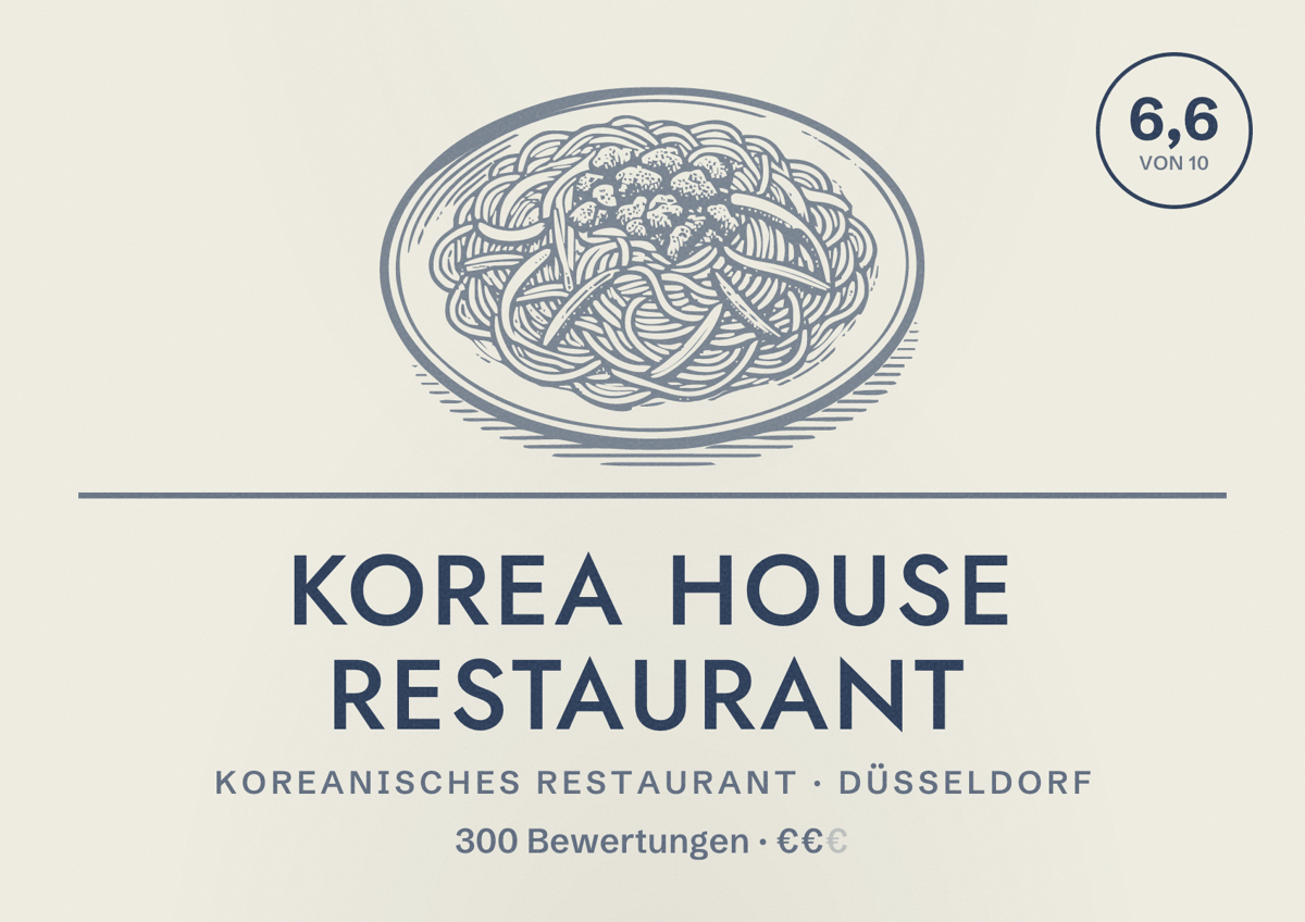 Illustriertes Poster von Korea House Restaurant, Koreanisches Restaurant in Düsseldorf: Bewertung 6,6 von 10 aus 300 Bewertungen, Preisniveau €€