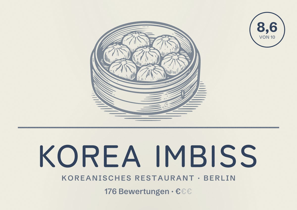 Illustriertes Poster von Korea Imbiss, Koreanisches Restaurant in Berlin: Bewertung 8,6 von 10 aus 176 Bewertungen, Preisniveau €