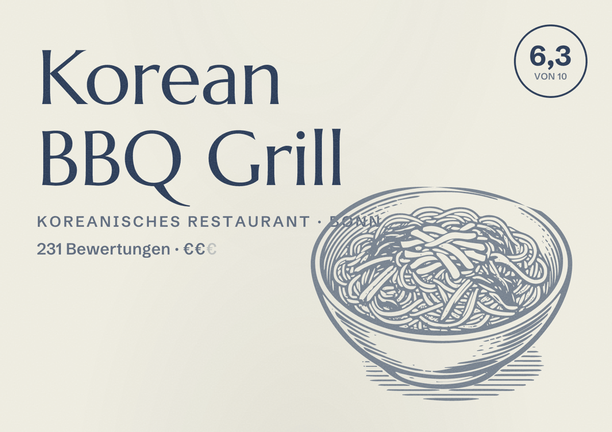 Illustriertes Poster von Korean BBQ Grill, Koreanisches Restaurant in Bonn: Bewertung 6,3 von 10 aus 231 Bewertungen, Preisniveau €€