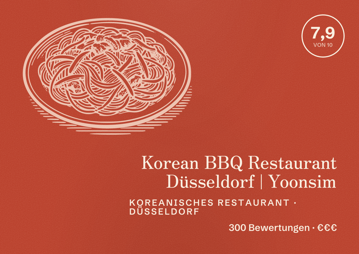 Illustriertes Poster von Korean BBQ Restaurant Düsseldorf | Yoonsim, Koreanisches Restaurant in Düsseldorf: Bewertung 7,9 von 10 aus 300 Bewertungen, Preisniveau €€€