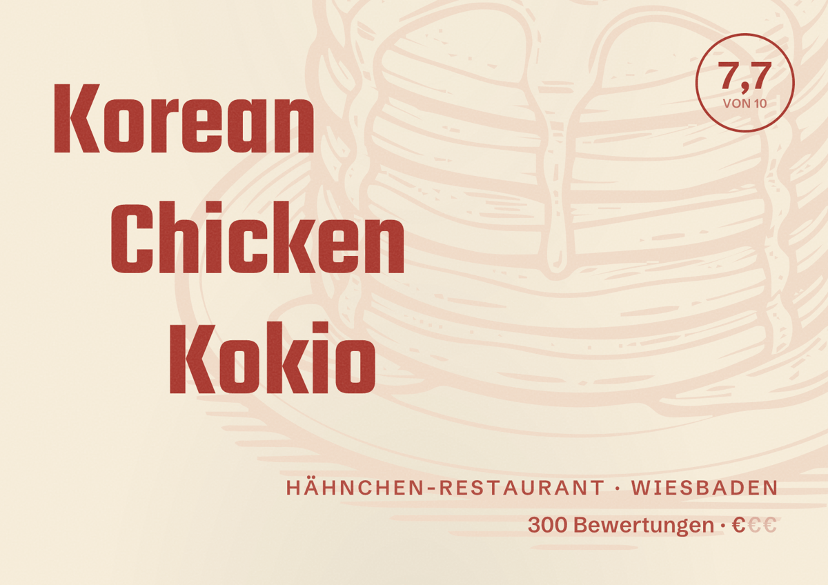 Illustriertes Poster von Korean Chicken Kokio, Hähnchen-Restaurant in Wiesbaden: Bewertung 7,7 von 10 aus 300 Bewertungen, Preisniveau €