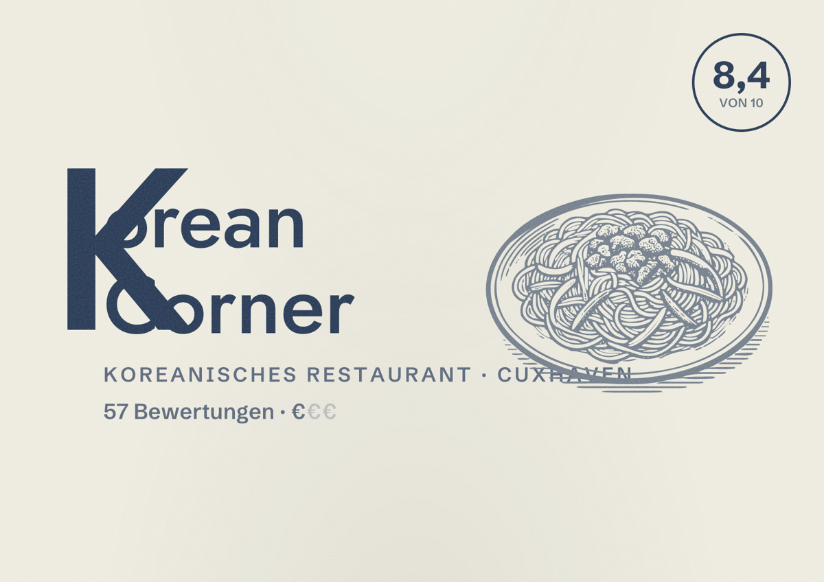 Illustriertes Poster von Korean Corner, Koreanisches Restaurant in Cuxhaven: Bewertung 8,4 von 10 aus 57 Bewertungen, Preisniveau €