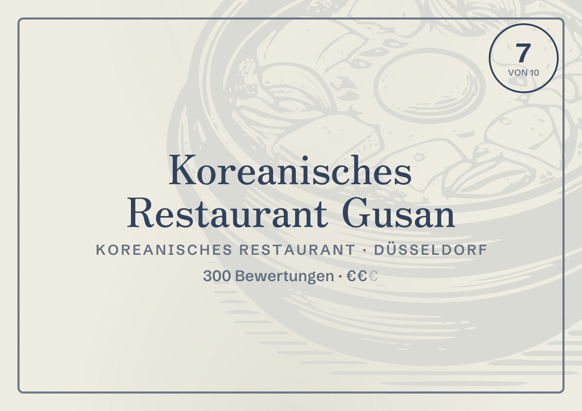 Illustriertes Poster von Koreanisches Restaurant Gusan, Koreanisches Restaurant in Düsseldorf: Bewertung 7,0 von 10 aus 300 Bewertungen, Preisniveau €€