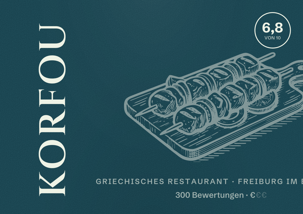 Illustriertes Poster von Korfou, Griechisches Restaurant in Freiburg im Breisgau: Bewertung 6,8 von 10 aus 300 Bewertungen, Preisniveau €