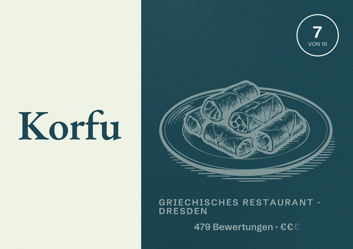 Illustriertes Poster von Korfu, Griechisches Restaurant in Dresden: Bewertung 7 von 10 aus 479 Bewertungen, Preisniveau €€