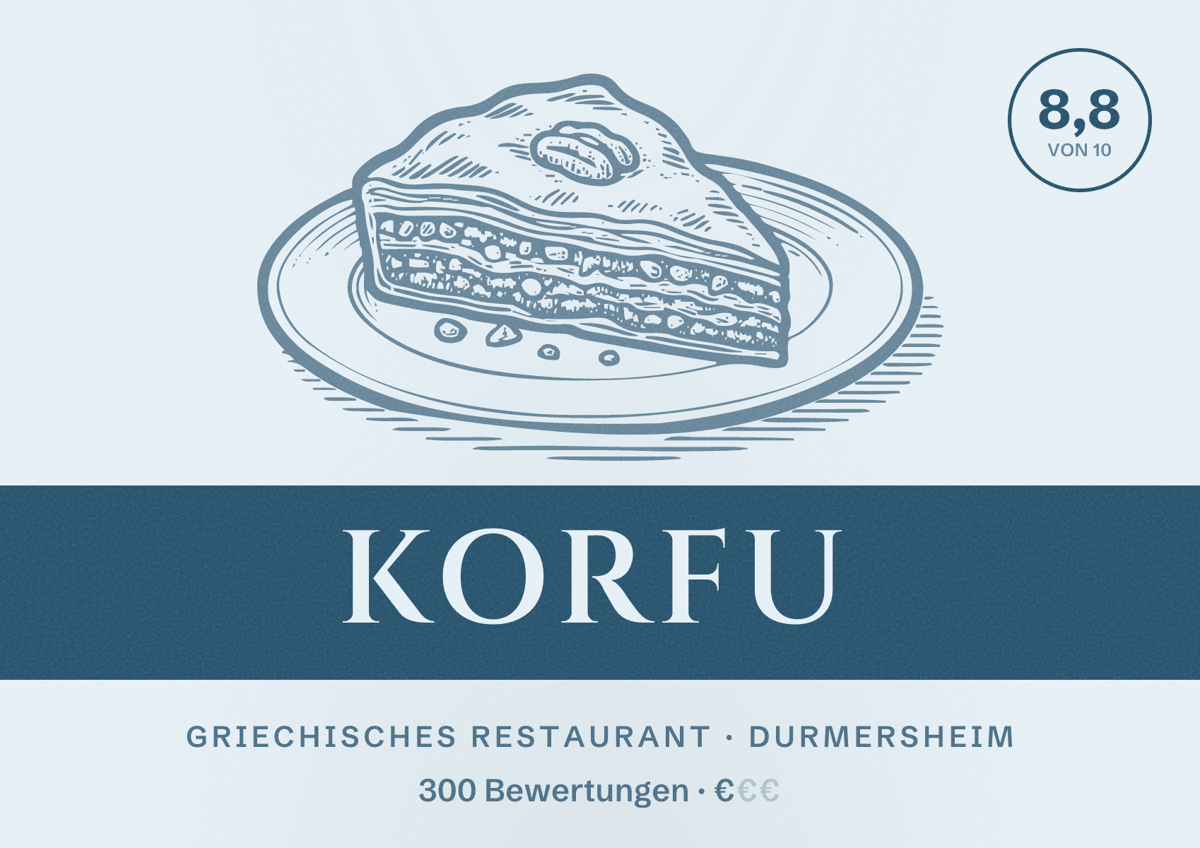 Illustriertes Poster von KORFU, Griechisches Restaurant in Durmersheim: Bewertung 8,8 von 10 aus 300 Bewertungen, Preisniveau €