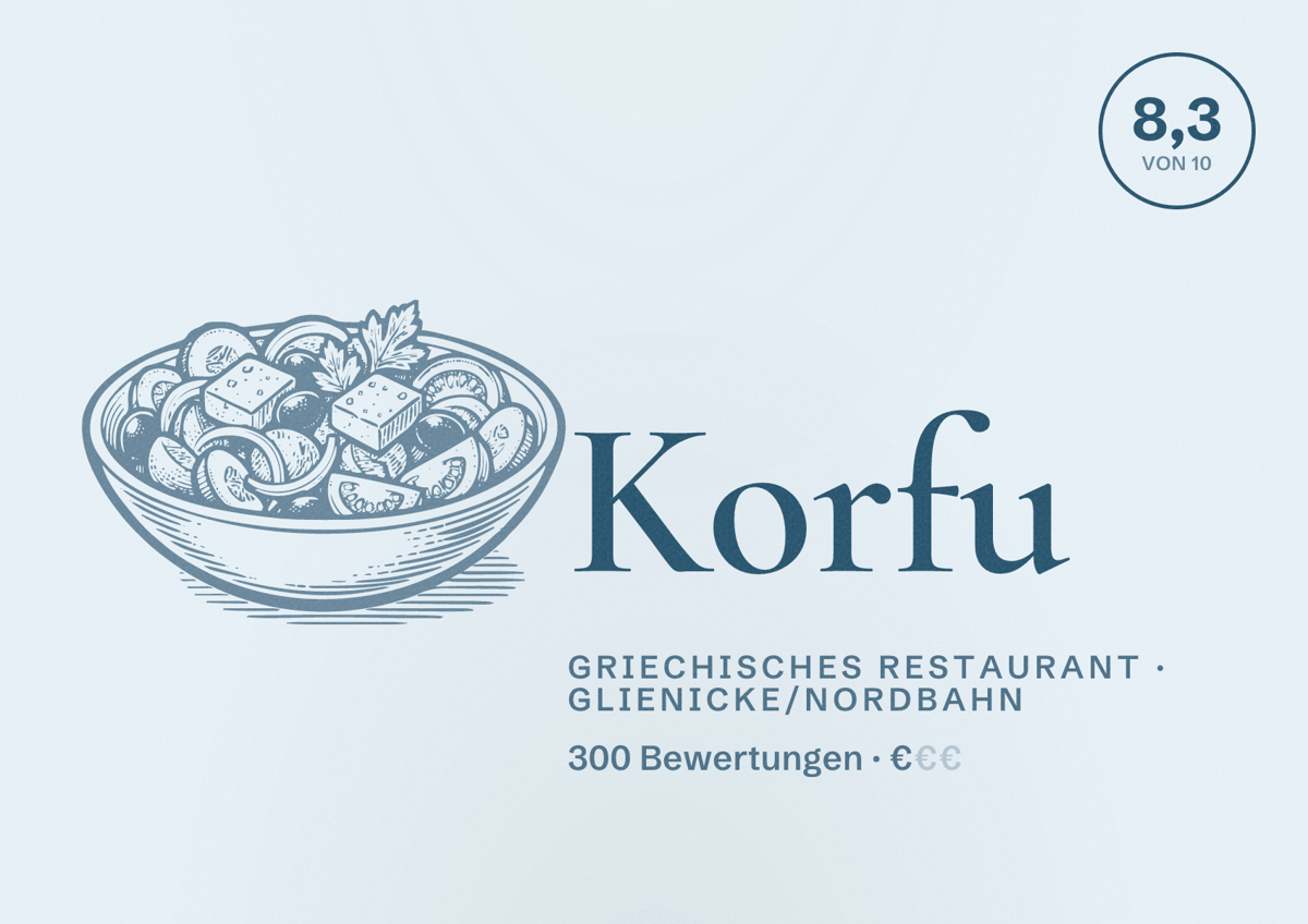 Illustriertes Poster von Korfu, Griechisches Restaurant in Glienicke/Nordbahn: Bewertung 8,3 von 10 aus 300 Bewertungen, Preisniveau €