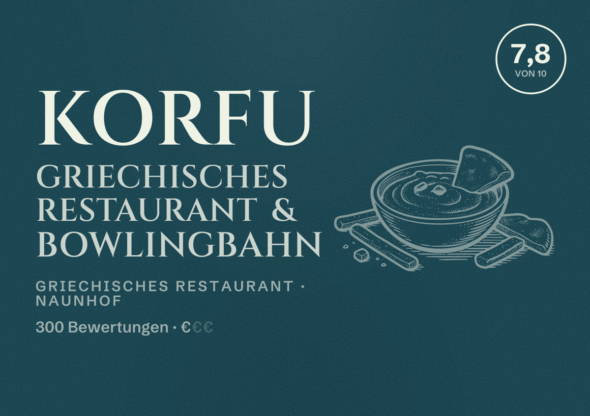 Illustriertes Poster von Korfu Griechisches Restaurant & Bowlingbahn, Griechisches Restaurant in Naunhof: Bewertung 7,8 von 10 aus 300 Bewertungen, Preisniveau €