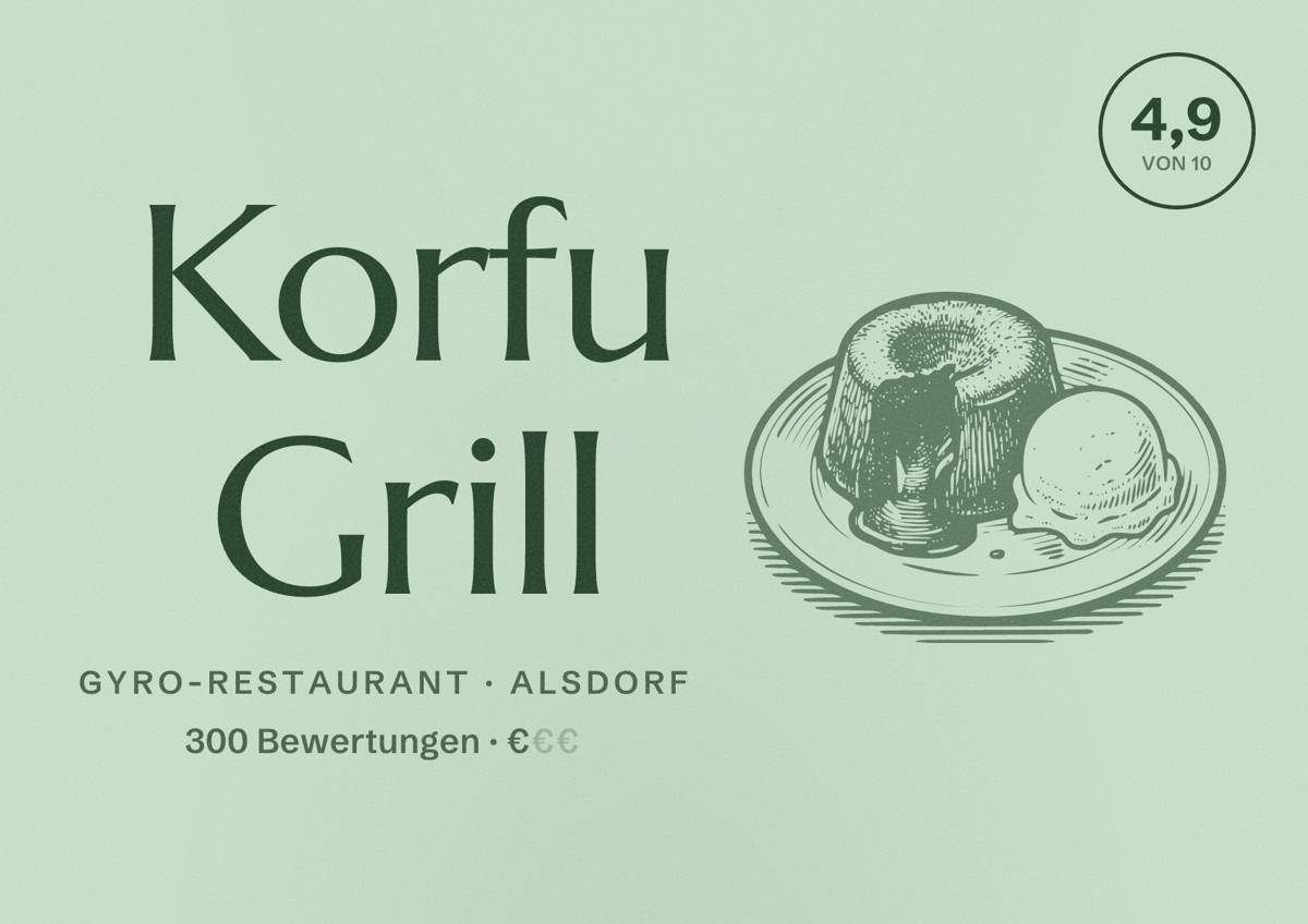 Illustriertes Poster von Korfu Grill, Gyro-Restaurant in Alsdorf: Bewertung 4,9 von 10 aus 300 Bewertungen, Preisniveau €