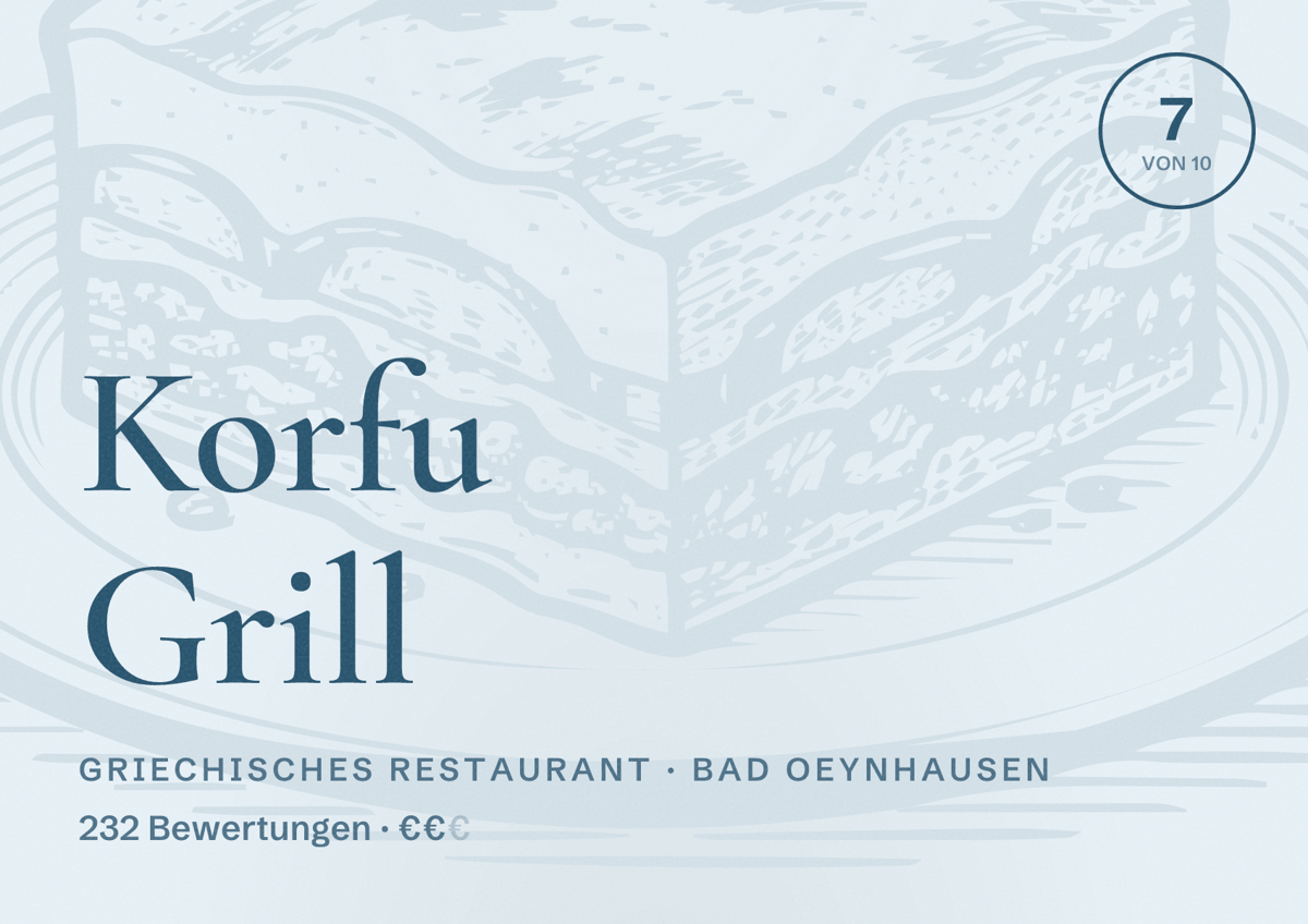 Illustriertes Poster von Korfu Grill, Griechisches Restaurant in Bad Oeynhausen: Bewertung 7 von 10 aus 232 Bewertungen, Preisniveau €€
