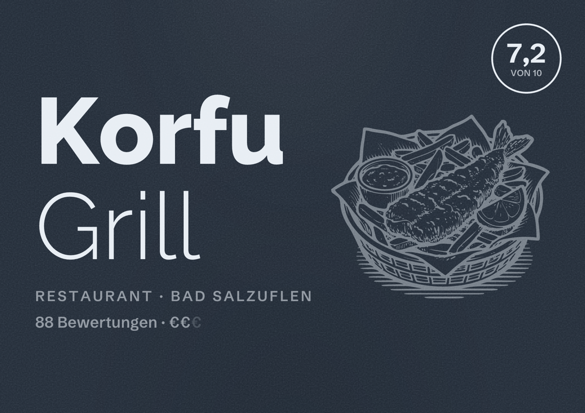 Illustriertes Poster von Korfu Grill, Restaurant in Bad Salzuflen: Bewertung 7,2 von 10 aus 88 Bewertungen, Preisniveau €€