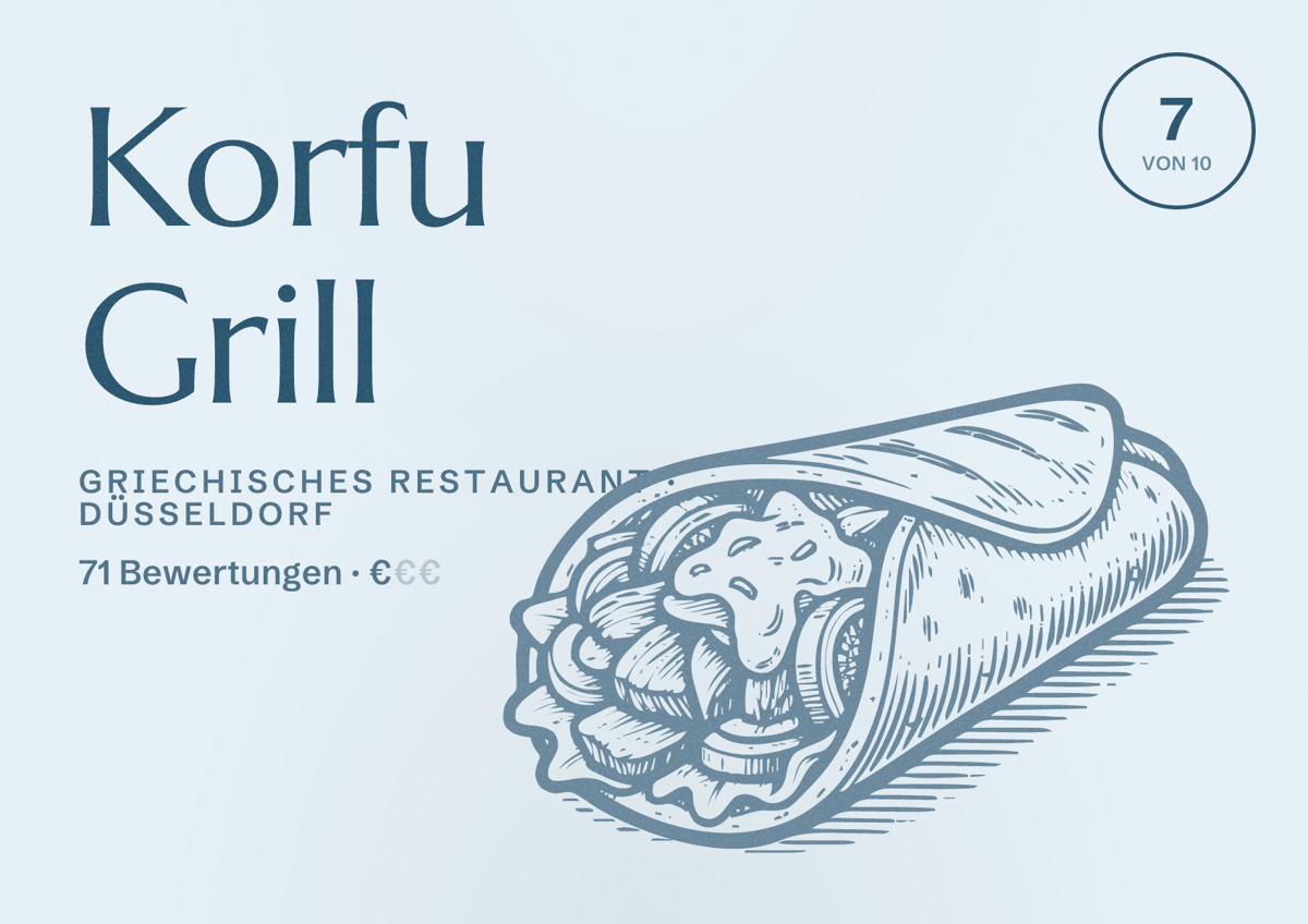 Illustriertes Poster von Korfu Grill, Griechisches Restaurant in Düsseldorf: Bewertung 7,0 von 10 aus 71 Bewertungen, Preisniveau €