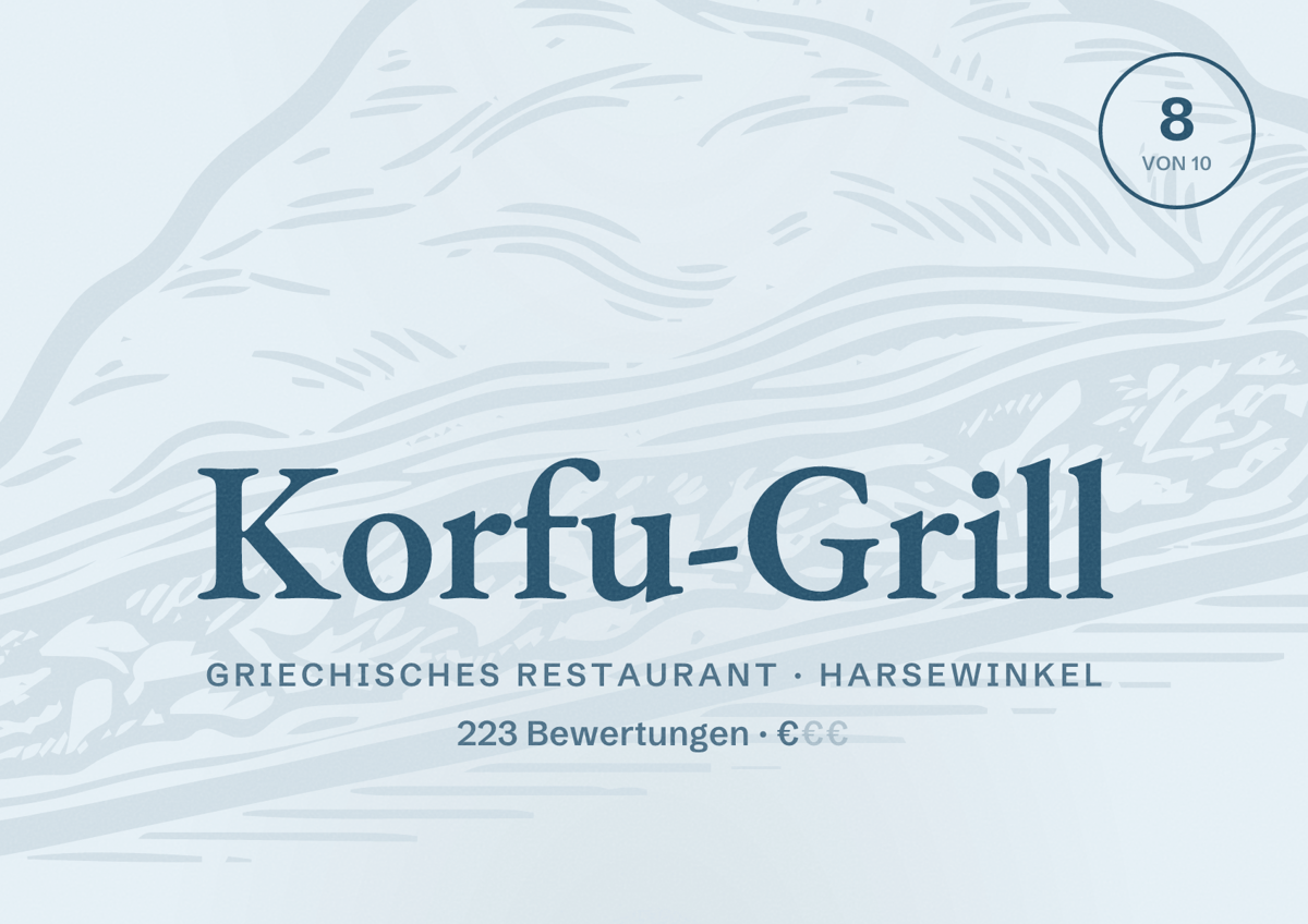 Illustriertes Poster von Korfu-Grill, Griechisches Restaurant in Harsewinkel: Bewertung 8 von 10 aus 223 Bewertungen, Preisniveau €