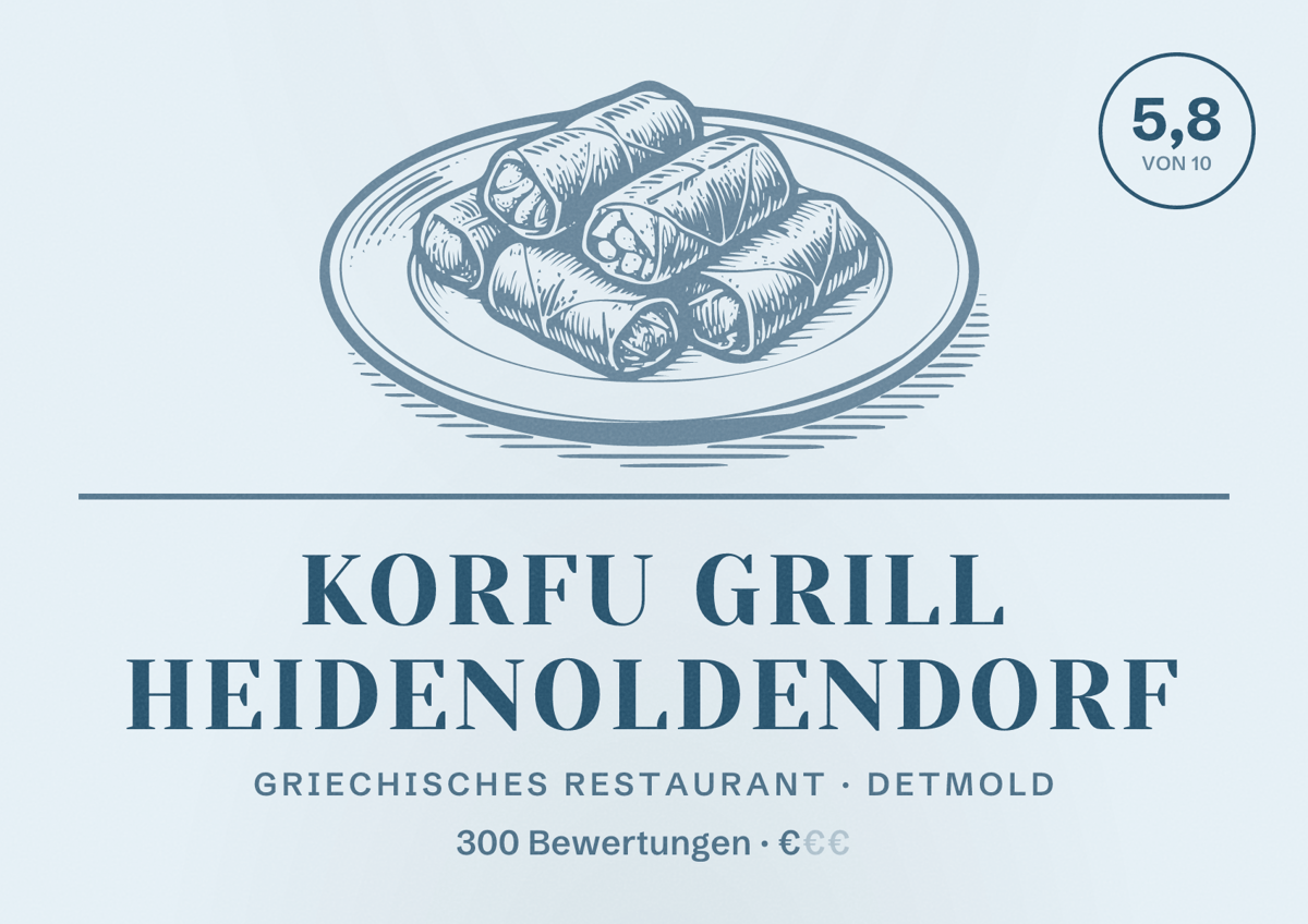 Illustriertes Poster von Korfu Grill Heidenoldendorf, Griechisches Restaurant in Detmold: Bewertung 5,8 von 10 aus 300 Bewertungen, Preisniveau €