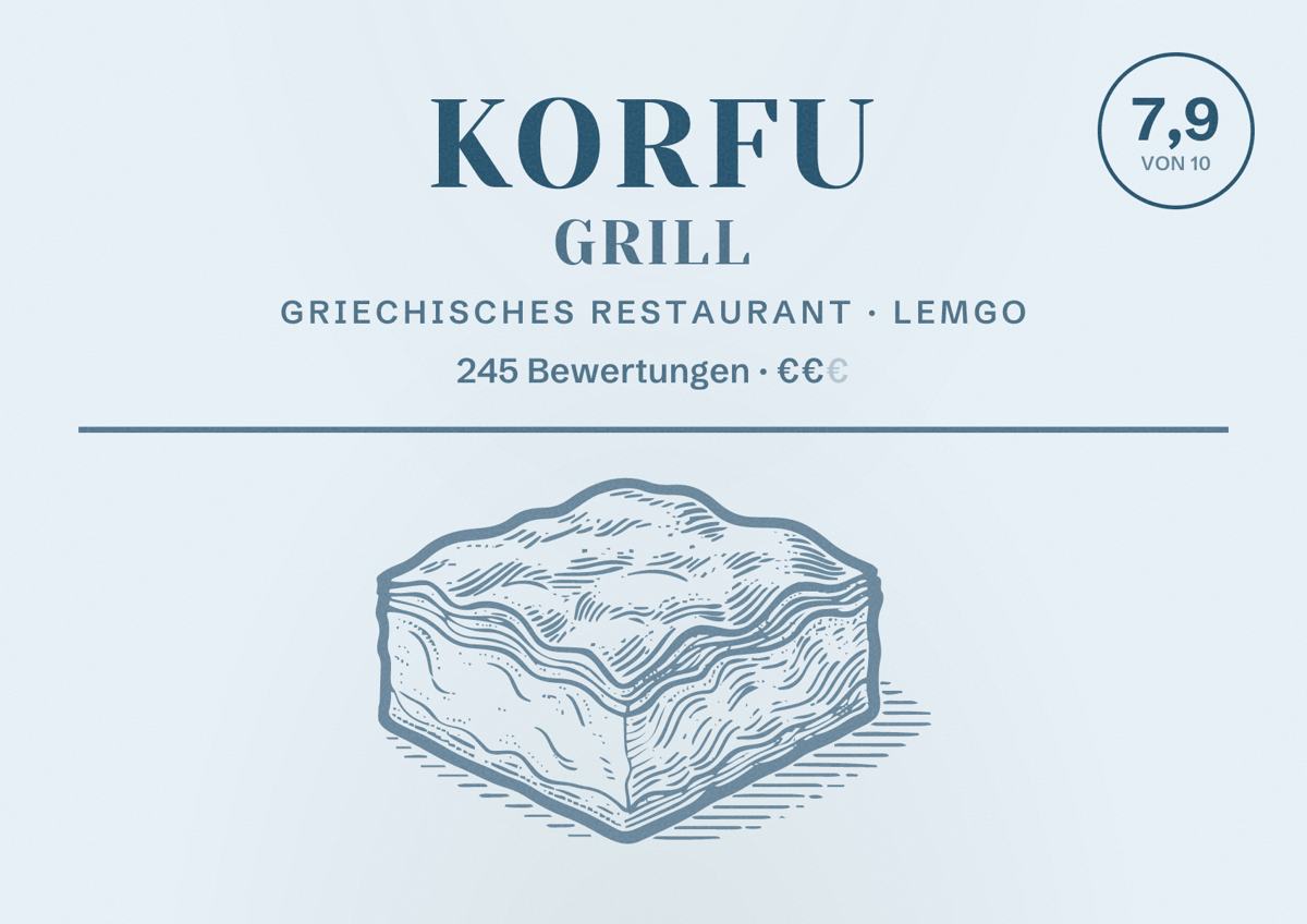 Illustriertes Poster von Korfu Grill, Griechisches Restaurant in Lemgo: Bewertung 7,9 von 10 aus 245 Bewertungen, Preisniveau €€