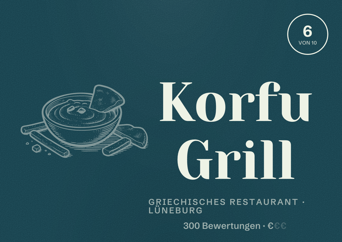Illustriertes Poster von Korfu Grill, Griechisches Restaurant in Lüneburg: Bewertung 6 von 10 aus 300 Bewertungen, Preisniveau €