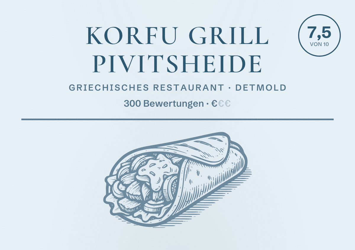 Illustriertes Poster von Korfu Grill Pivitsheide, Griechisches Restaurant in Detmold: Bewertung 7,5 von 10 aus 300 Bewertungen, Preisniveau €