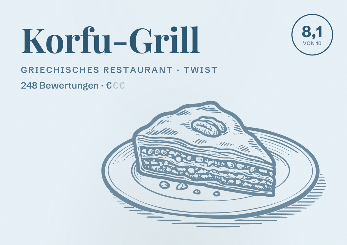 Illustriertes Poster von Korfu-Grill, Griechisches Restaurant in Twist: Bewertung 8,1 von 10 aus 248 Bewertungen, Preisniveau €
