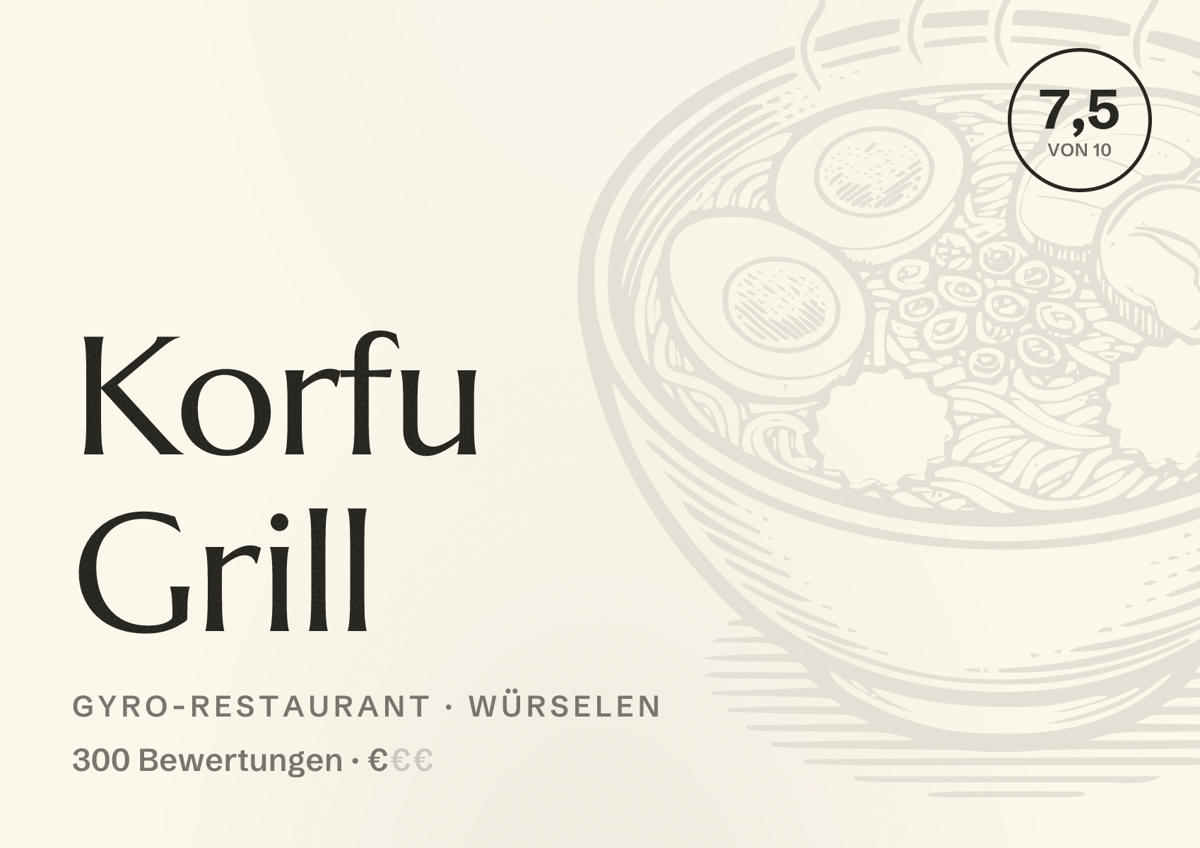 Illustriertes Poster von Korfu Grill, Gyro-Restaurant in Würselen: Bewertung 7,5 von 10 aus 300 Bewertungen, Preisniveau €