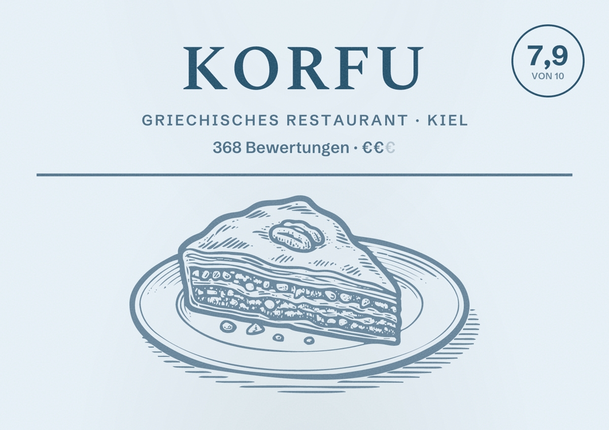 Illustriertes Poster von Korfu, Griechisches Restaurant in Kiel: Bewertung 7,9 von 10 aus 368 Bewertungen, Preisniveau €€