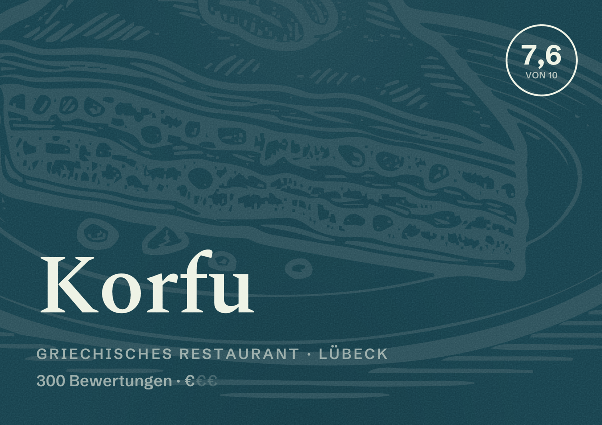 Illustriertes Poster von Korfu, Griechisches Restaurant in Lübeck: Bewertung 7,6 von 10 aus 300 Bewertungen, Preisniveau €