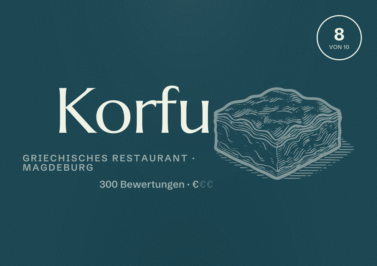 Illustriertes Poster von Korfu, Griechisches Restaurant in Magdeburg: Bewertung 8,0 von 10 aus 300 Bewertungen, Preisniveau €