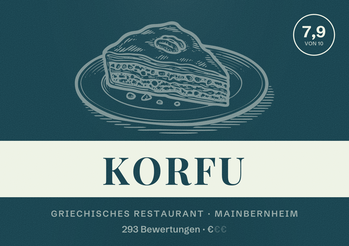 Illustriertes Poster von Korfu, Griechisches Restaurant in Mainbernheim: Bewertung 7,9 von 10 aus 293 Bewertungen, Preisniveau €