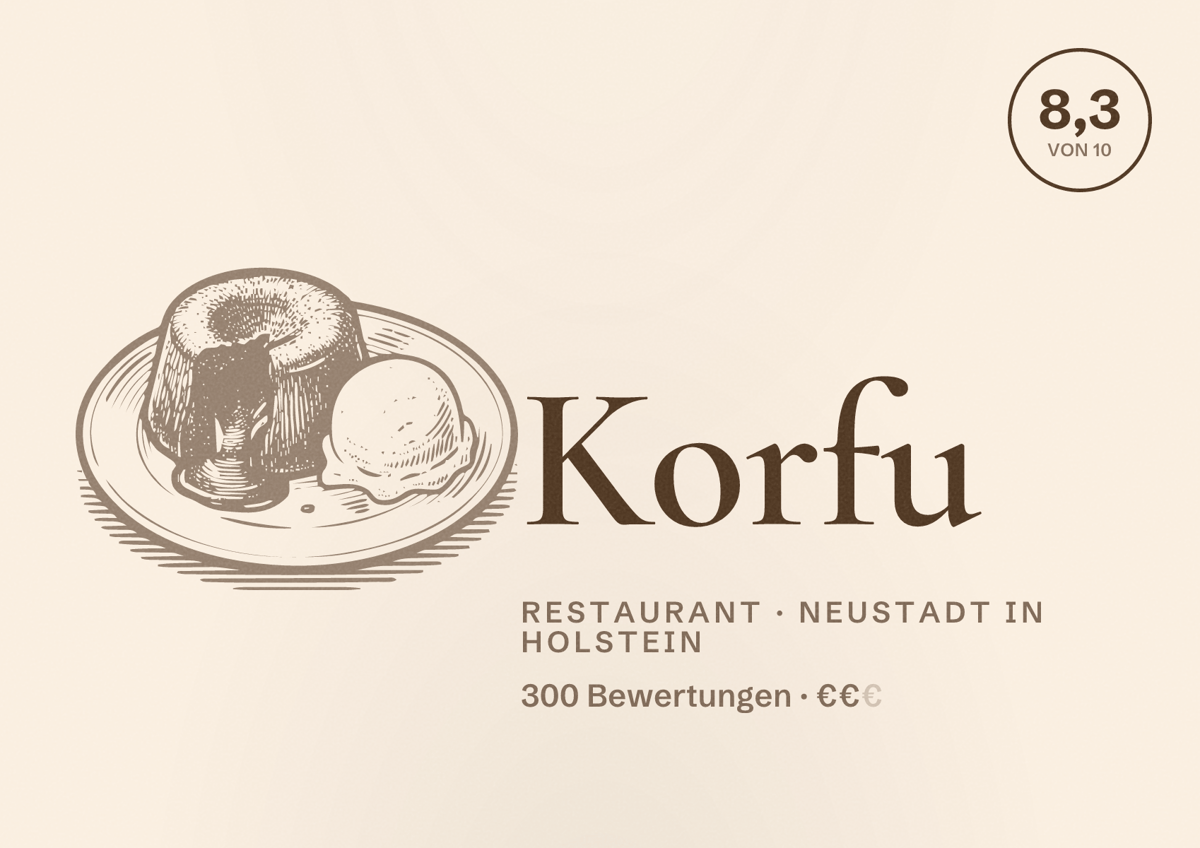Illustriertes Poster von Korfu, Restaurant in Neustadt in Holstein: Bewertung 8,3 von 10 aus 300 Bewertungen, Preisniveau €€