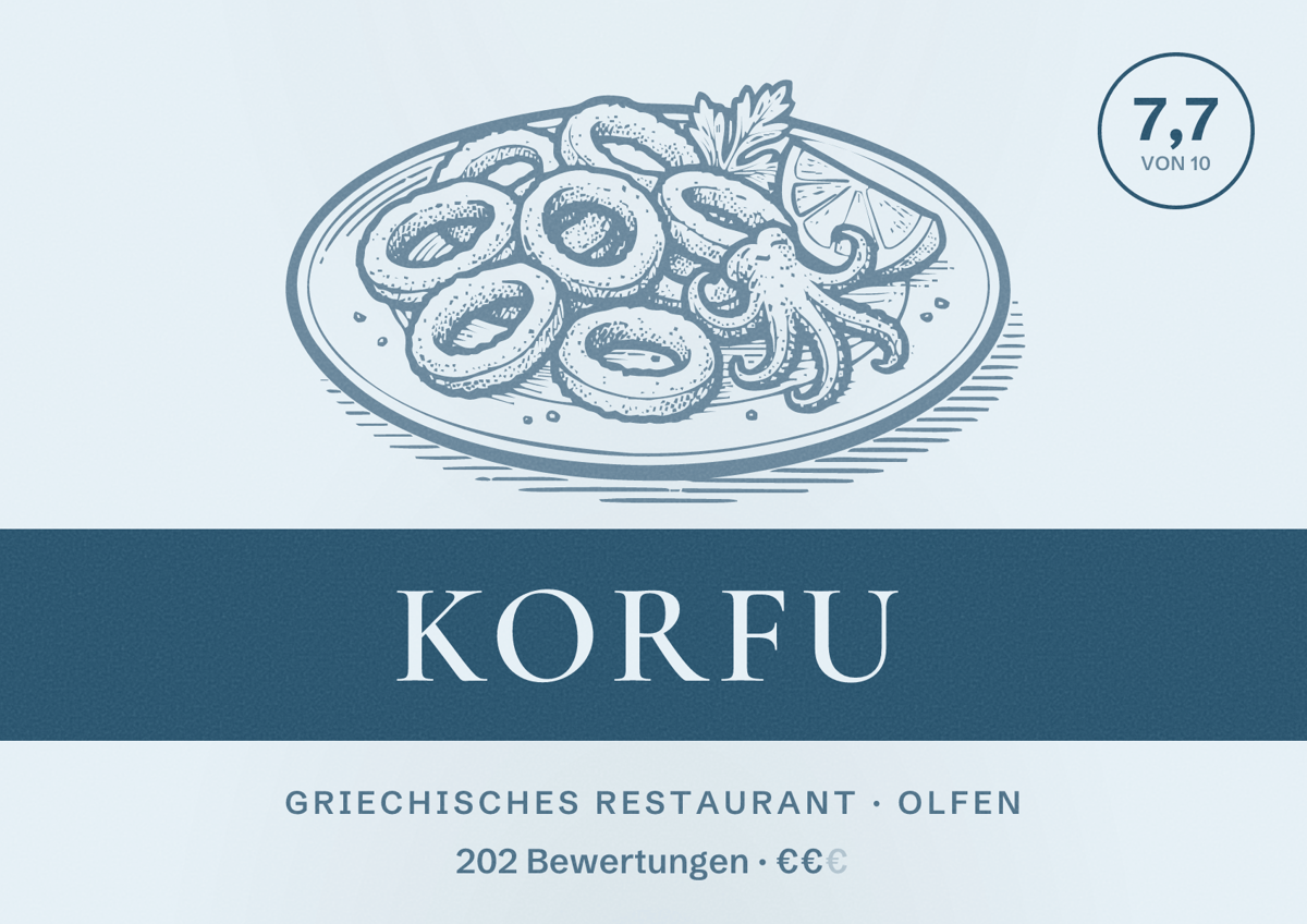 Illustriertes Poster von Korfu, Griechisches Restaurant in Olfen: Bewertung 7,7 von 10 aus 202 Bewertungen, Preisniveau €€