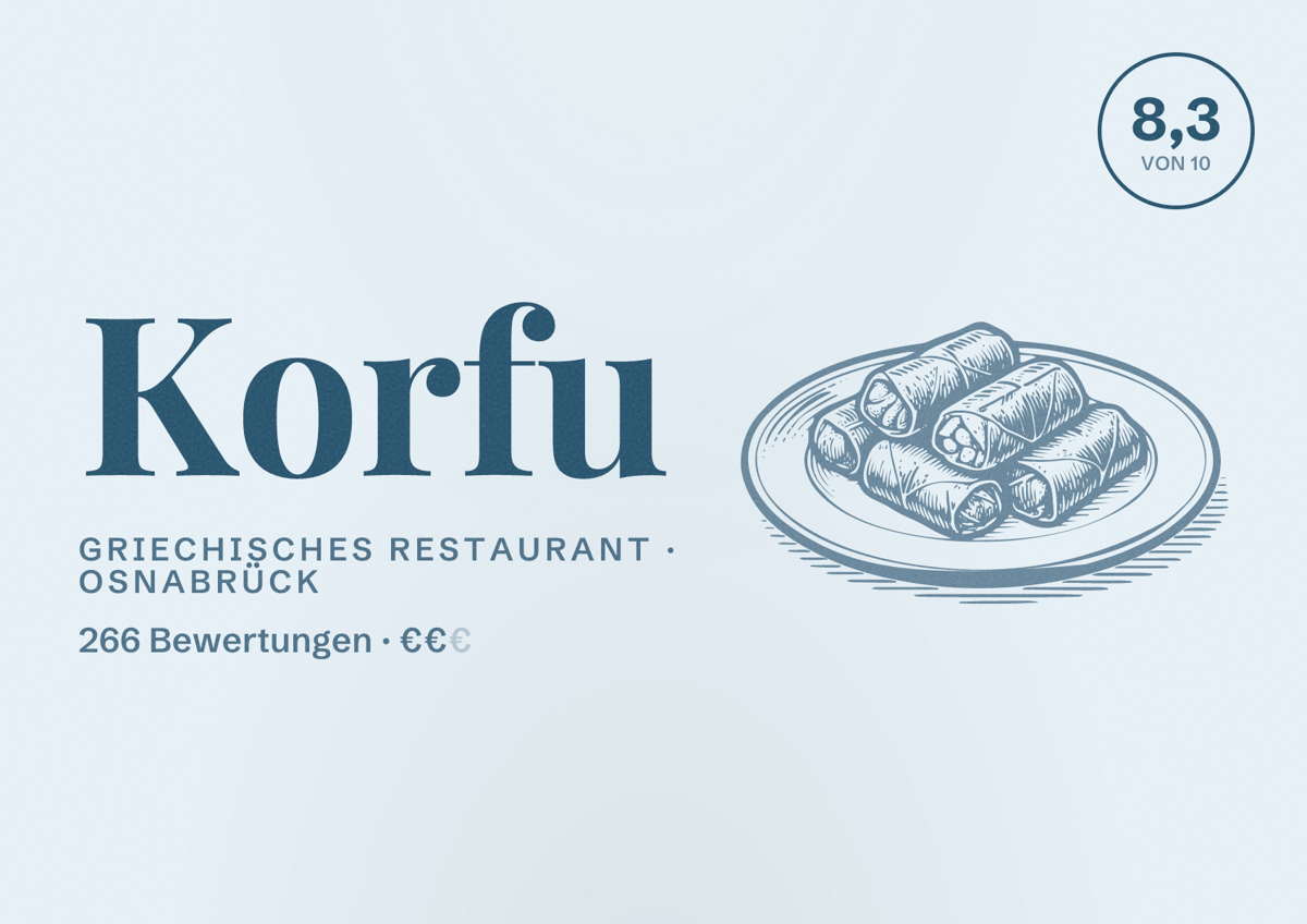 Illustriertes Poster von Korfu, Griechisches Restaurant in Osnabrück: Bewertung 8,3 von 10 aus 266 Bewertungen, Preisniveau €€
