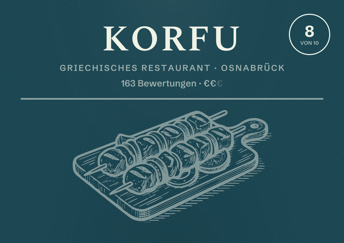 Illustriertes Poster von Korfu, Griechisches Restaurant in Osnabrück: Bewertung 8 von 10 aus 163 Bewertungen, Preisniveau €€