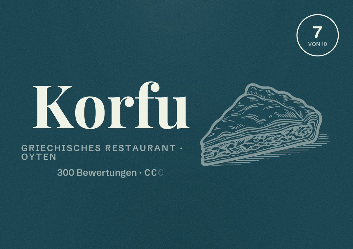 Illustriertes Poster von Korfu, Griechisches Restaurant in Oyten: Bewertung 7 von 10 aus 300 Bewertungen, Preisniveau €€