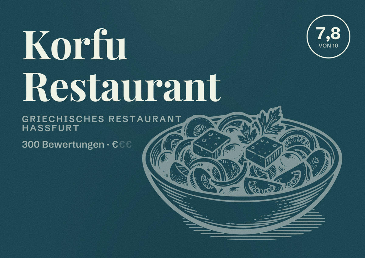Illustriertes Poster von Korfu Restaurant, Griechisches Restaurant in Haßfurt: Bewertung 7,8 von 10 aus 300 Bewertungen, Preisniveau €