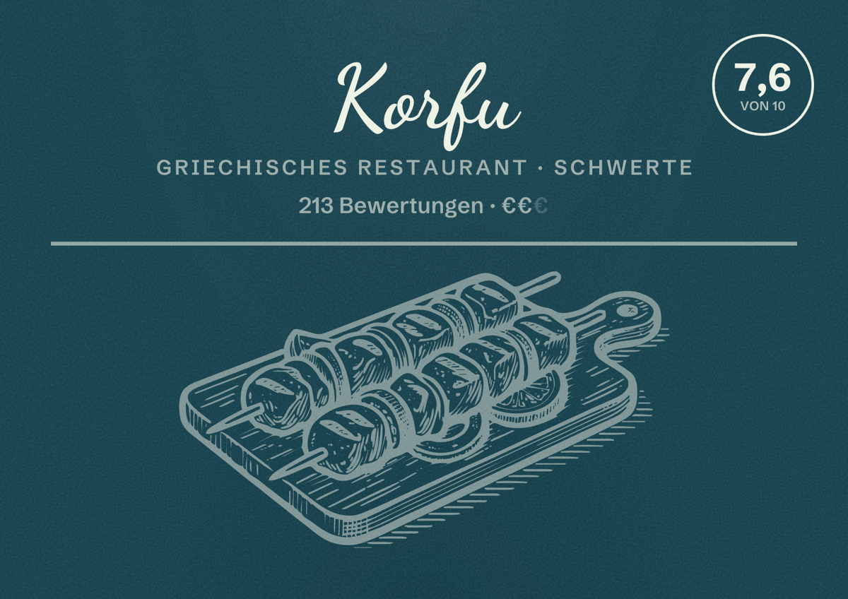 Illustriertes Poster von Korfu, Griechisches Restaurant in Schwerte: Bewertung 7,6 von 10 aus 213 Bewertungen, Preisniveau €€