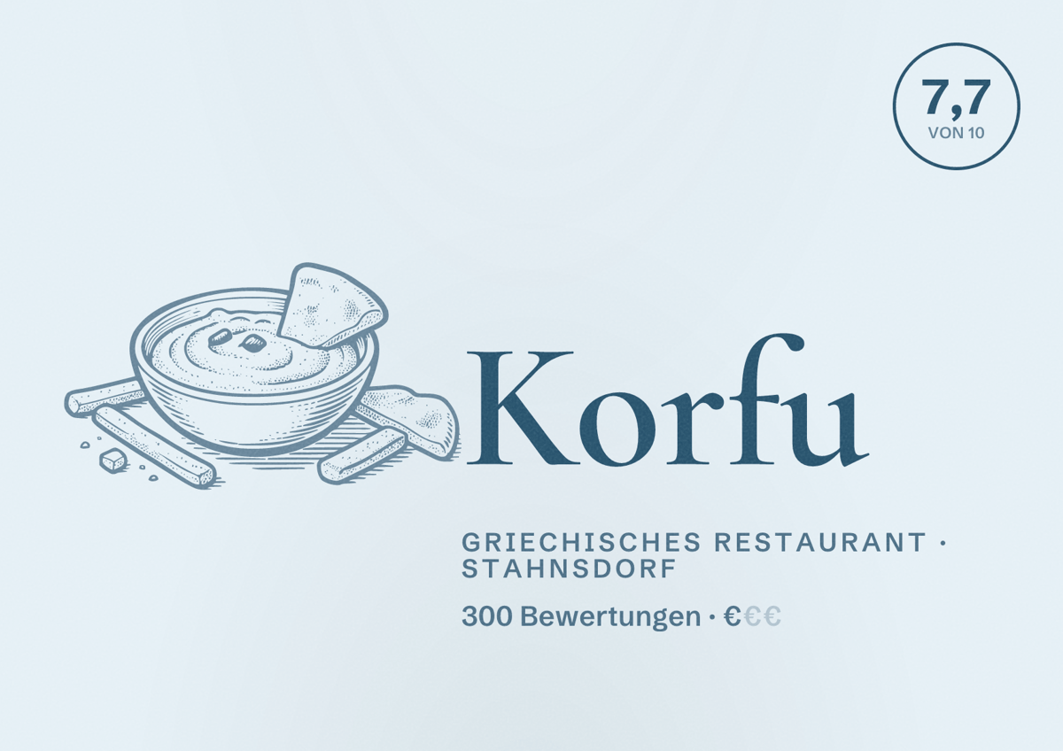 Illustriertes Poster von Korfu, Griechisches Restaurant in Stahnsdorf: Bewertung 7,7 von 10 aus 300 Bewertungen, Preisniveau €