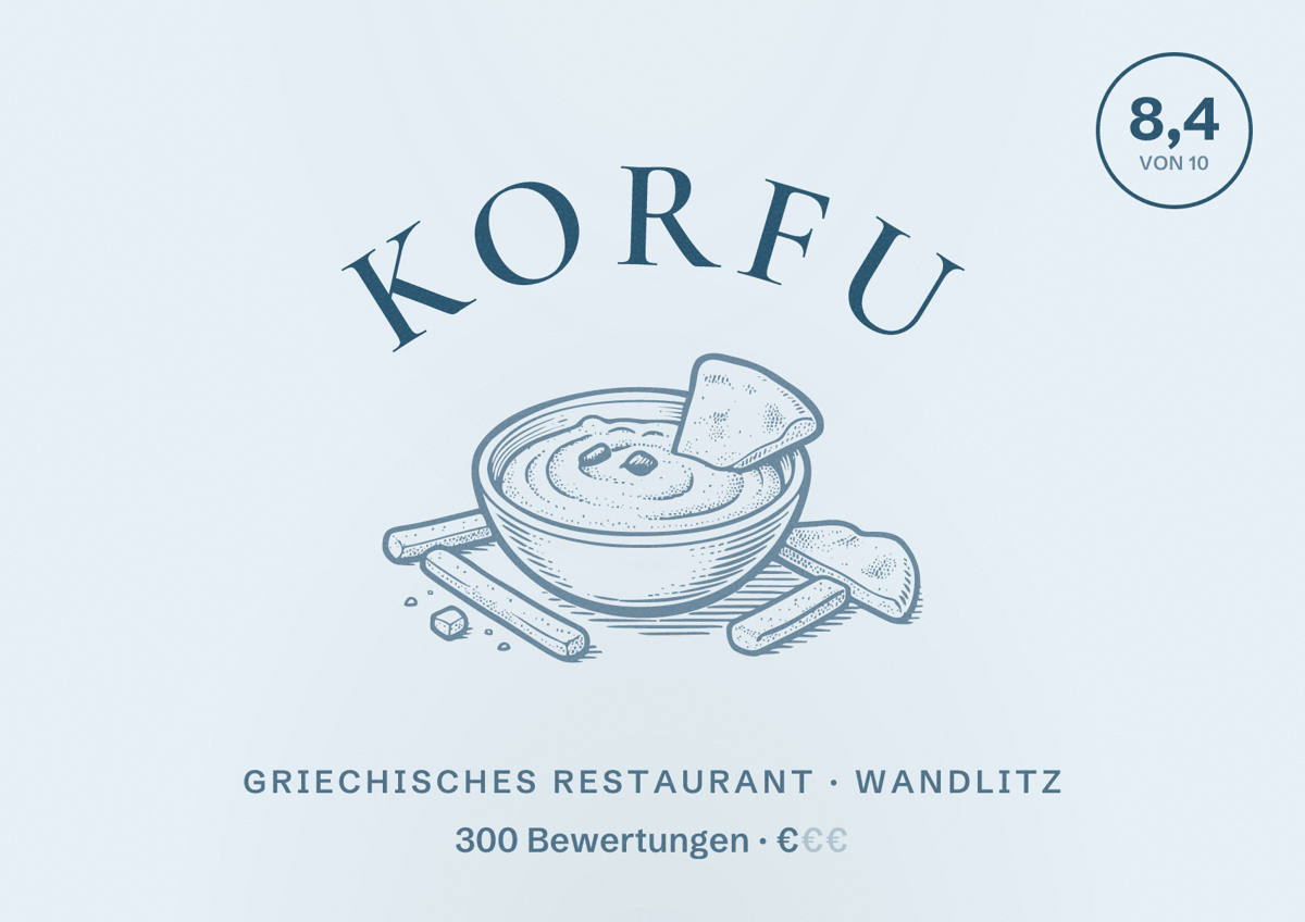 Illustriertes Poster von Korfu, Griechisches Restaurant in Wandlitz: Bewertung 8,4 von 10 aus 300 Bewertungen, Preisniveau €
