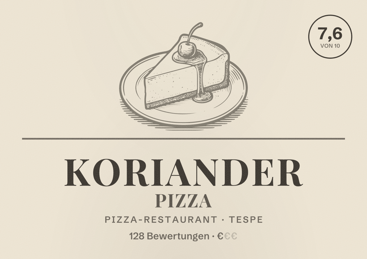 Illustriertes Poster von Koriander Pizza, Pizza-Restaurant in Tespe: Bewertung 7,6 von 10 aus 128 Bewertungen, Preisniveau €