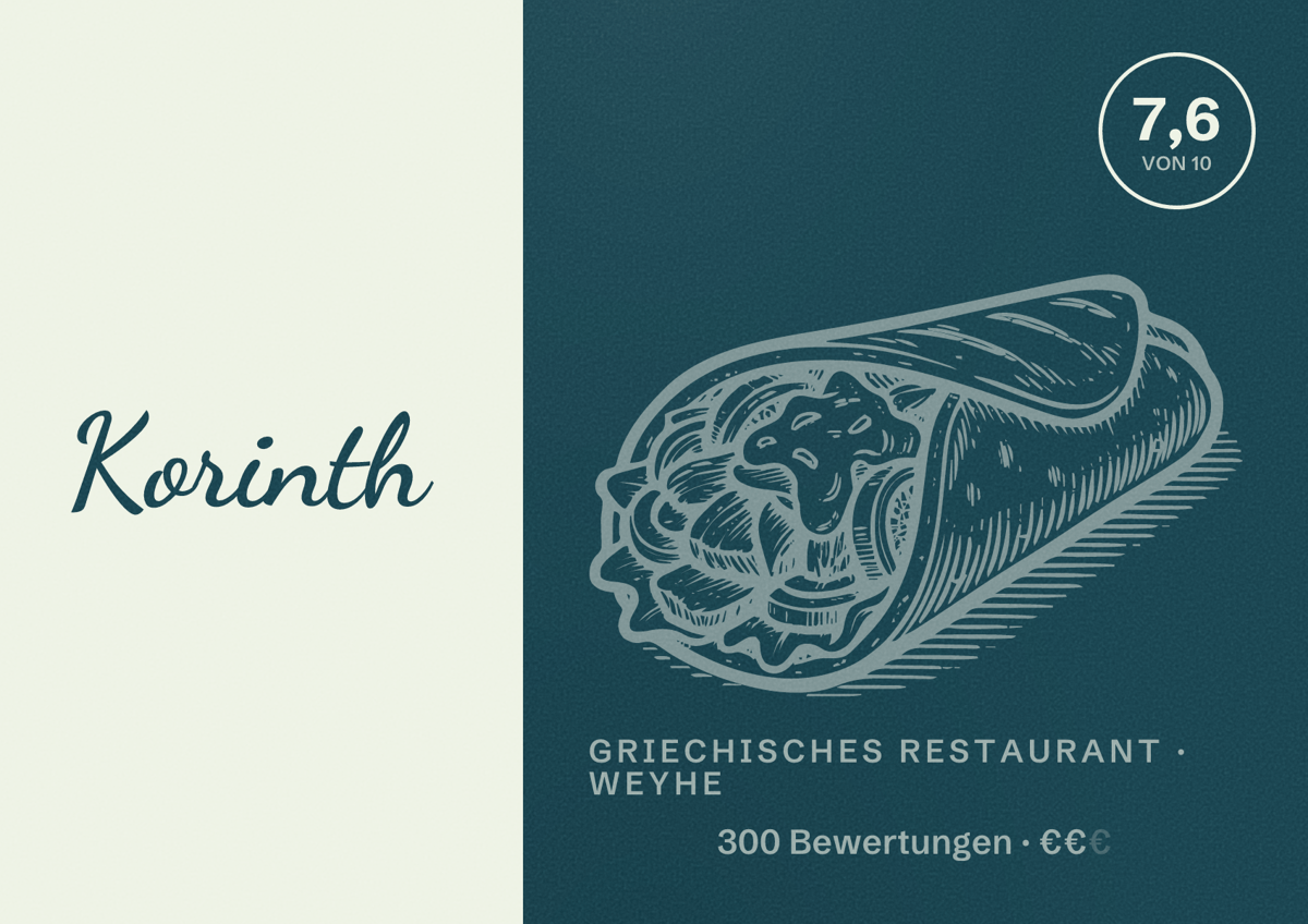 Illustriertes Poster von Korinth, Griechisches Restaurant in Weyhe: Bewertung 7,6 von 10 aus 300 Bewertungen, Preisniveau €€