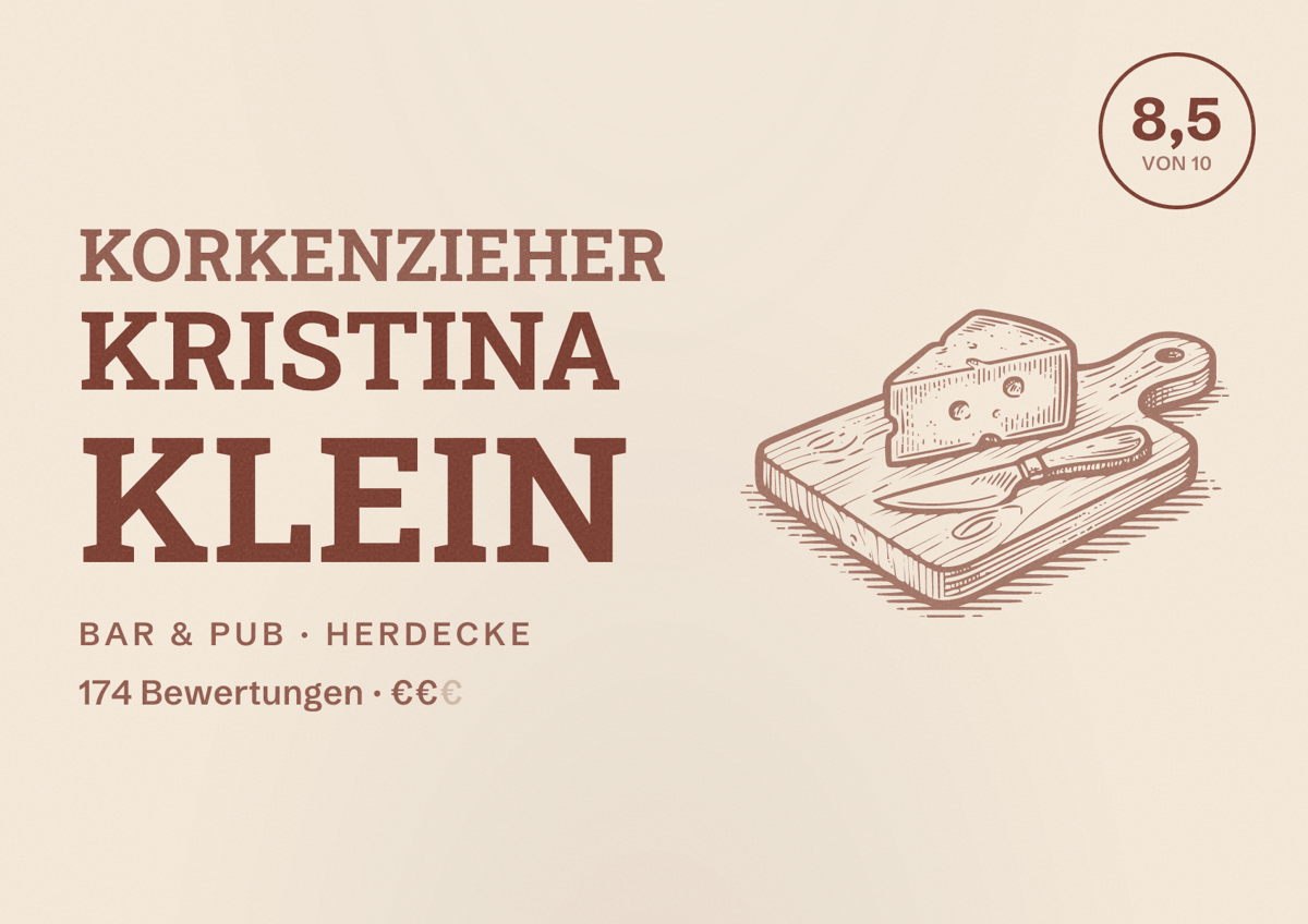 Illustriertes Poster von Korkenzieher Kristina Klein, Bar & Pub in Herdecke: Bewertung 8,5 von 10 aus 174 Bewertungen, Preisniveau €€