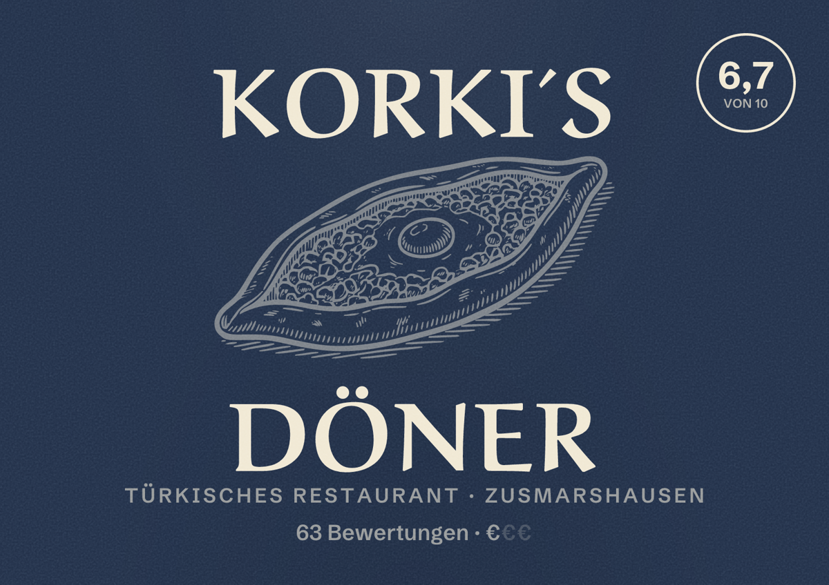 Illustriertes Poster von Korki´s Döner, Türkisches Restaurant in Zusmarshausen: Bewertung 6,7 von 10 aus 63 Bewertungen, Preisniveau €
