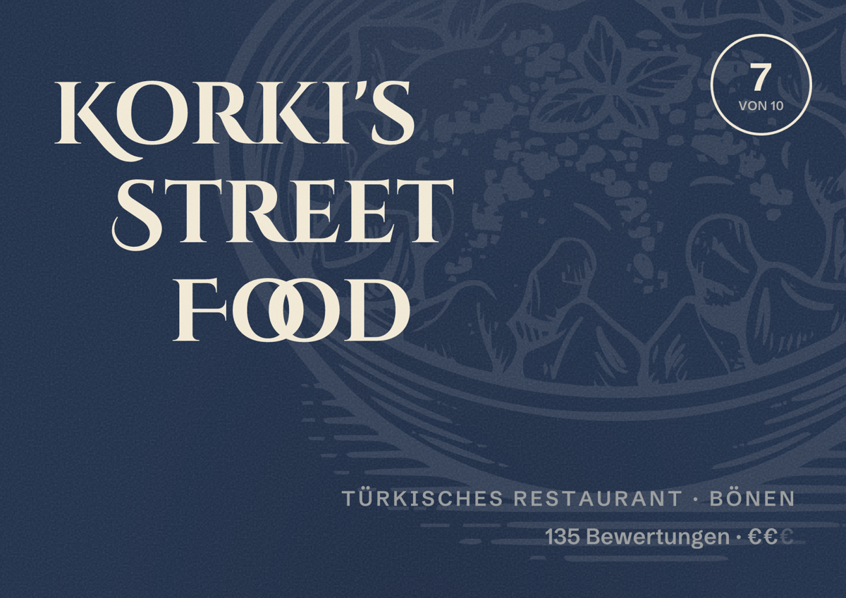 Illustriertes Poster von Korki's Street Food, Türkisches Restaurant in Bönen: Bewertung 7 von 10 aus 135 Bewertungen, Preisniveau €€