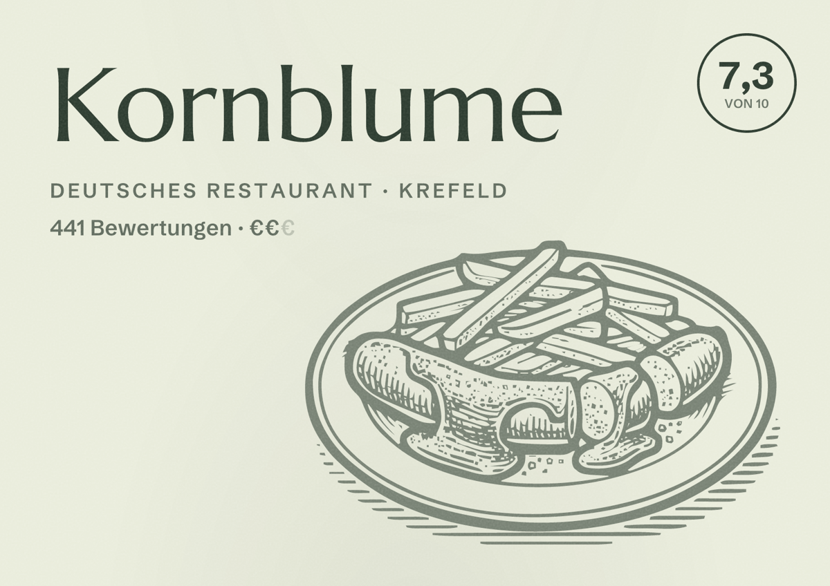 Illustriertes Poster von Kornblume, Deutsches Restaurant in Krefeld: Bewertung 7,3 von 10 aus 441 Bewertungen, Preisniveau €€