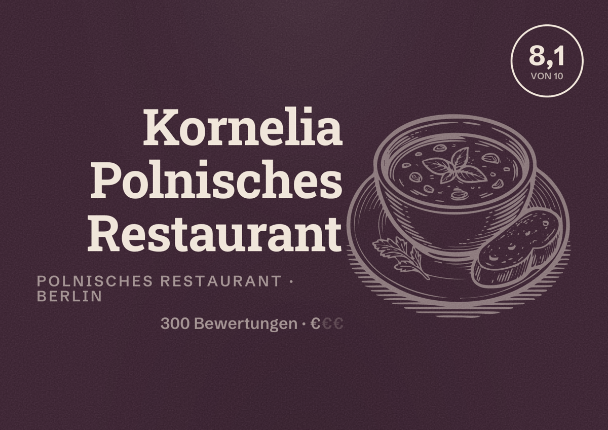 Illustriertes Poster von Kornelia Polnisches Restaurant, Polnisches Restaurant in Berlin: Bewertung 8,1 von 10 aus 300 Bewertungen, Preisniveau €